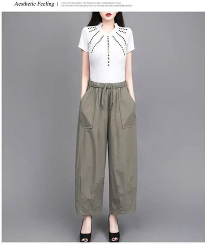 High Waist Wide Leg Pants Women Loose Slimming Nine Points Casual Pants plus Size Versatile Midlife Mom Pants Commute Style