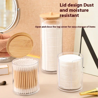 1pcs Cotton Swab Storage Box Acrylic Jar Makeup Organizer, Cotton Round Pad Holder, Q-tip Dispenser with Bamboo Lid