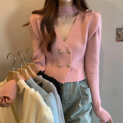 Elegant V-Neck Bubble Sleeve Knitwear Short Top Fashion Trend Neck Hanging Style Girl's French Style Slim Fit Long Sleeve Autumn