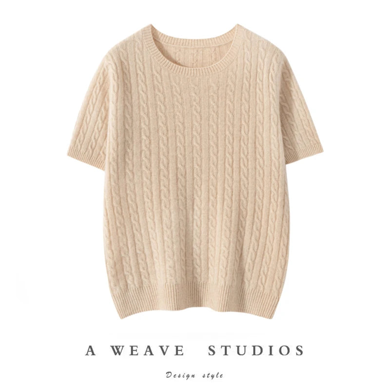 100% Pure Cashmere Fried Dough Twists Round Neck Solid Short Sleeve Women's High Quality Luxury Pullover Sweater Spring Autumn