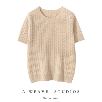 100% Pure Cashmere Fried Dough Twists Round Neck Solid Short Sleeve Women's High Quality Luxury Pullover Sweater Spring Autumn