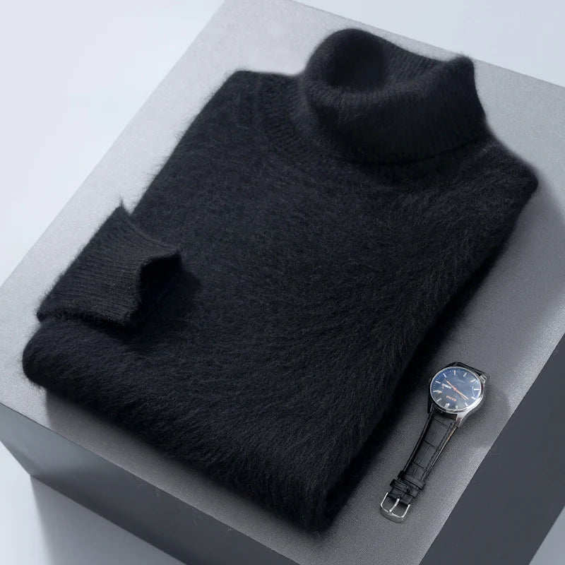Autumn and Winter Men Loose Turtleneck 100% Mink Cashmere Sweater Men's Casual Thermal Pullover Solid Color Knit Plus-Size Top