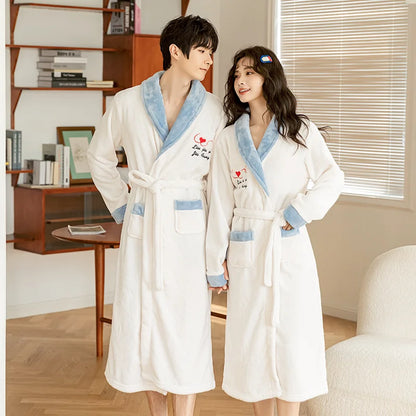 Thickened Coral Fleece Robe Long Home Wear for Men And Women Winter Warm Sleepwear Couple Matching Pajamas Velvet Fabric