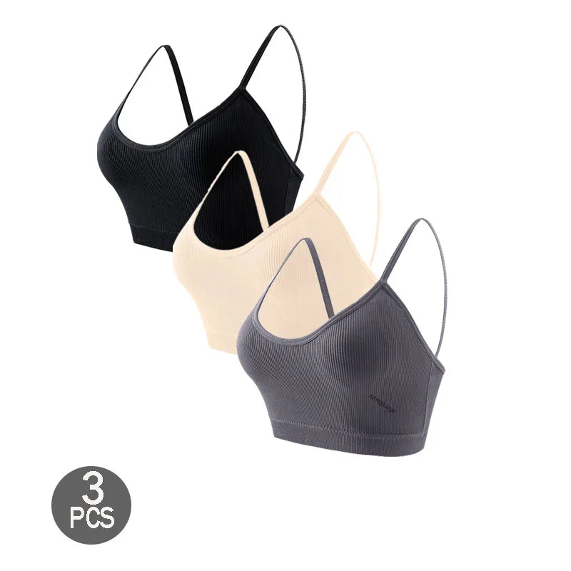 3PCS Women's Ribbed Cotton Bra With Chest Cushion Beautiful Back Sling Tank Top for Yoga Girl's Shock-absorbing Sports Underwear