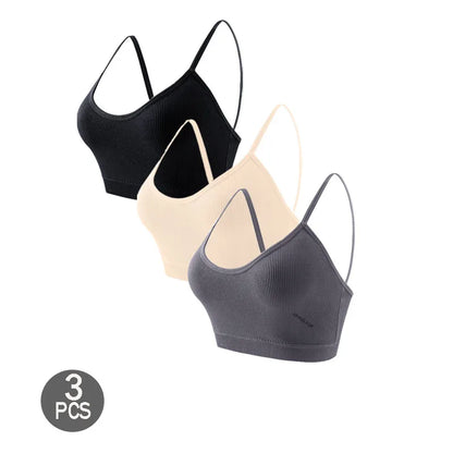 3PCS Women's Ribbed Cotton Bra With Chest Cushion Beautiful Back Sling Tank Top for Yoga Girl's Shock-absorbing Sports Underwear