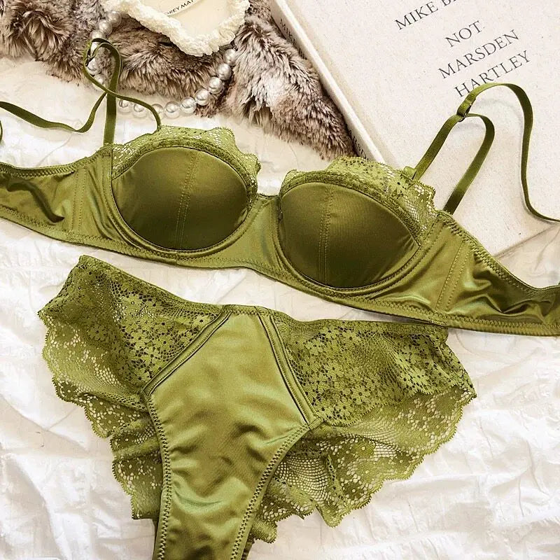 Hot Sale French Style Lace Satin Lingerie Set For Women, Sexy Push Up Thin Comfortable Breathable Daily Wear Intimates Bra Set