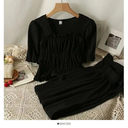 Summer 2025 New Folded Square Collar Bubble Sleeve Shirt High Waist Loose Casual Wide Leg Pants Two Piece Set Women's Fashion