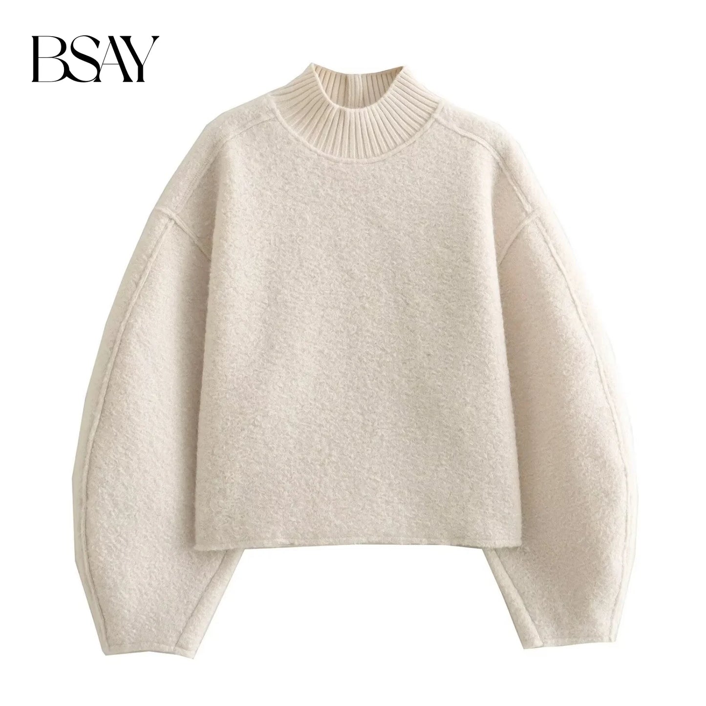 BSAY Women Fashion Autumn Winter 2024 New Loose Solid Color Long Sleeved Stand Collar Pullover Top Chic Female Sweatshirt