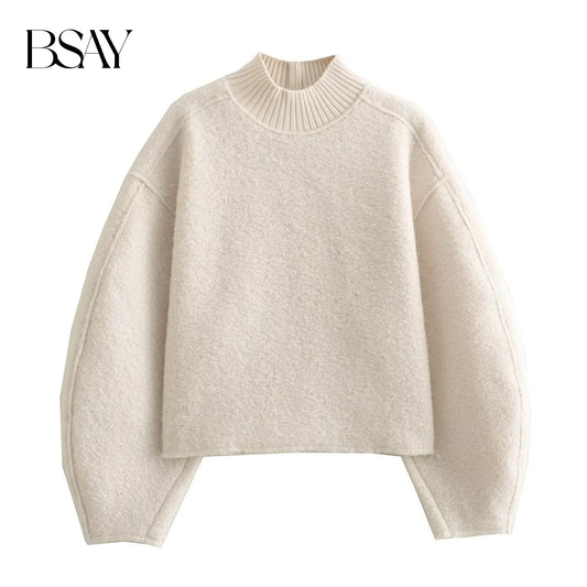BSAY Women Fashion Autumn Winter 2024 New Loose Solid Color Long Sleeved Stand Collar Pullover Top Chic Female Sweatshirt
