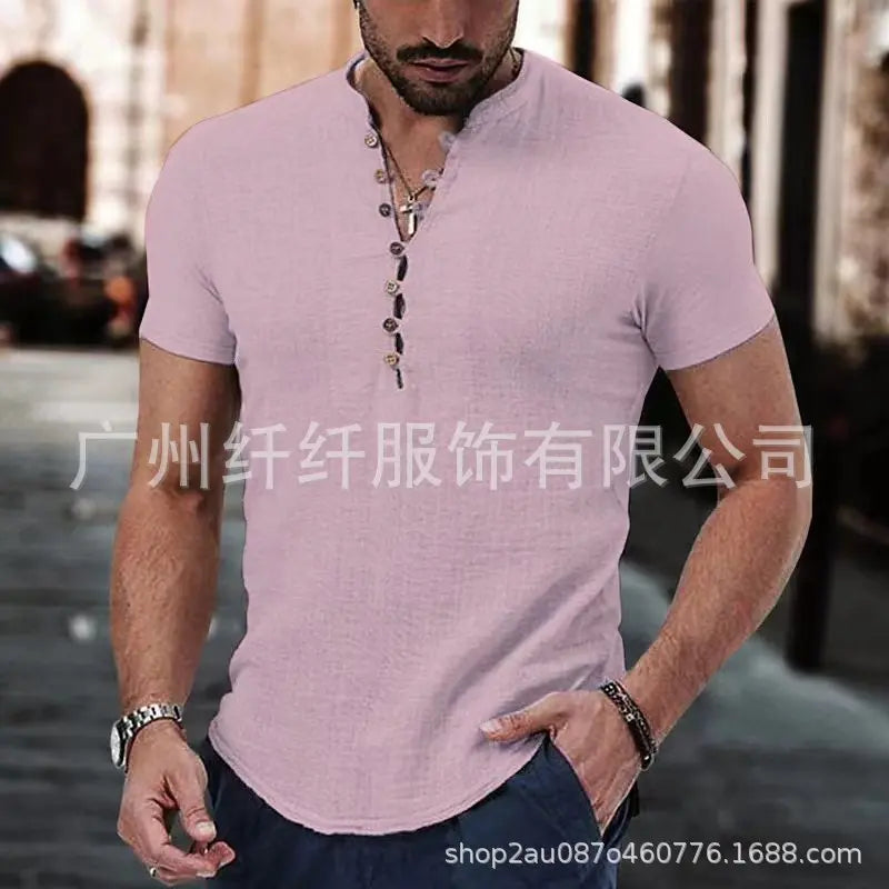 Men's Short Sleeve Linen Shirt Summer Lightweight Casual V-Neck T-Shirt Men Basic Solid Color Loose Fit Top