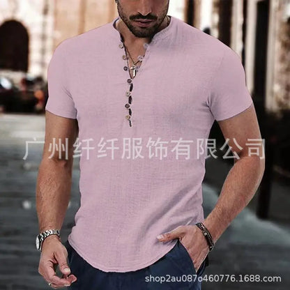 Men's Short Sleeve Linen Shirt Summer Lightweight Casual V-Neck T-Shirt Men Basic Solid Color Loose Fit Top