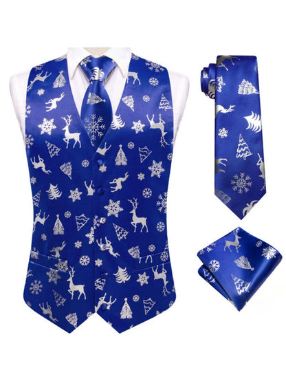 Men's Christmas Print Vest 3-Piece Set: Vest, Tie, Pocket Square, Red Blue Green Yellow for Holiday Parties