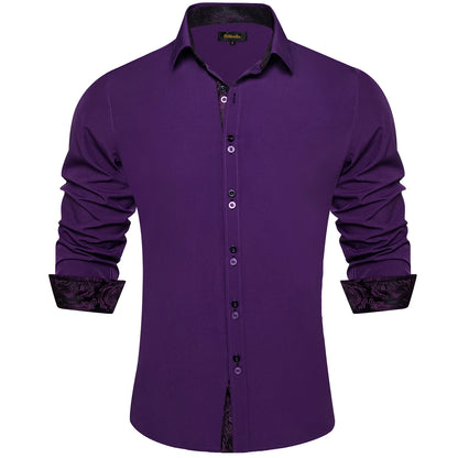 Men's Polyester Cotton Solid Black Shirts Long Sleeve Blue Paisley Patchwork Social Casual Dress Shirt Elegant Men Clothing