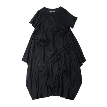 Black dress imakokoni spring loose irregular pure cotton flower design medium long short sleeved skirt for women 265432