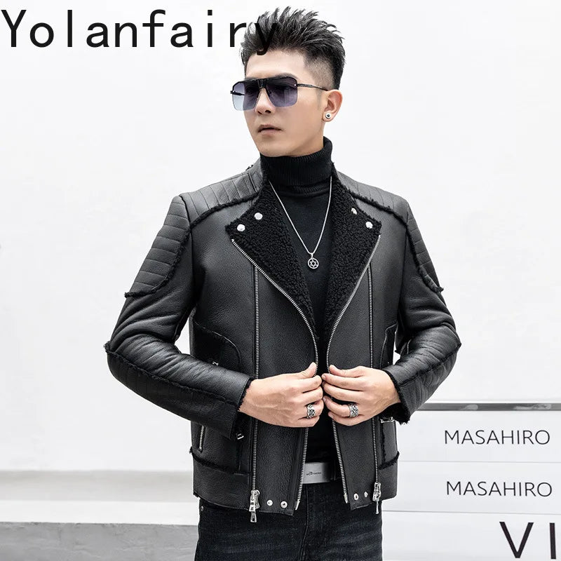YOLANFAIRY New Luxury Winter Natural Wool Fur Coat Man Short Warm Men's Motorcycle Genuine Leather Jacket Real Sheepskin Coats