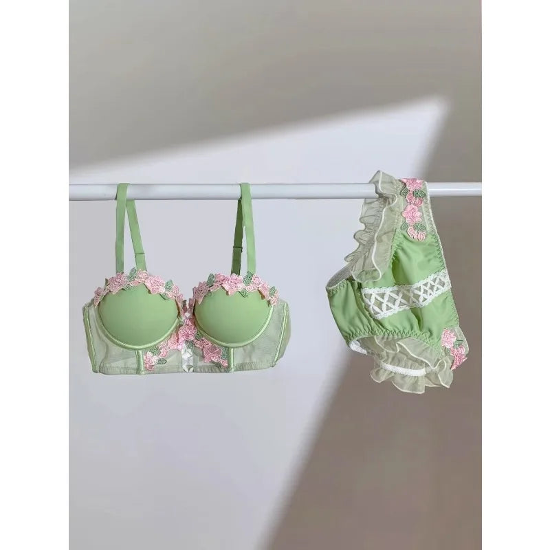 Sweet Innocent Japanese Style Lingerie Set Cute Soft Wireless Bra Gathered Push Up Thin Fabric Summer Lightweight Underwear S-XL