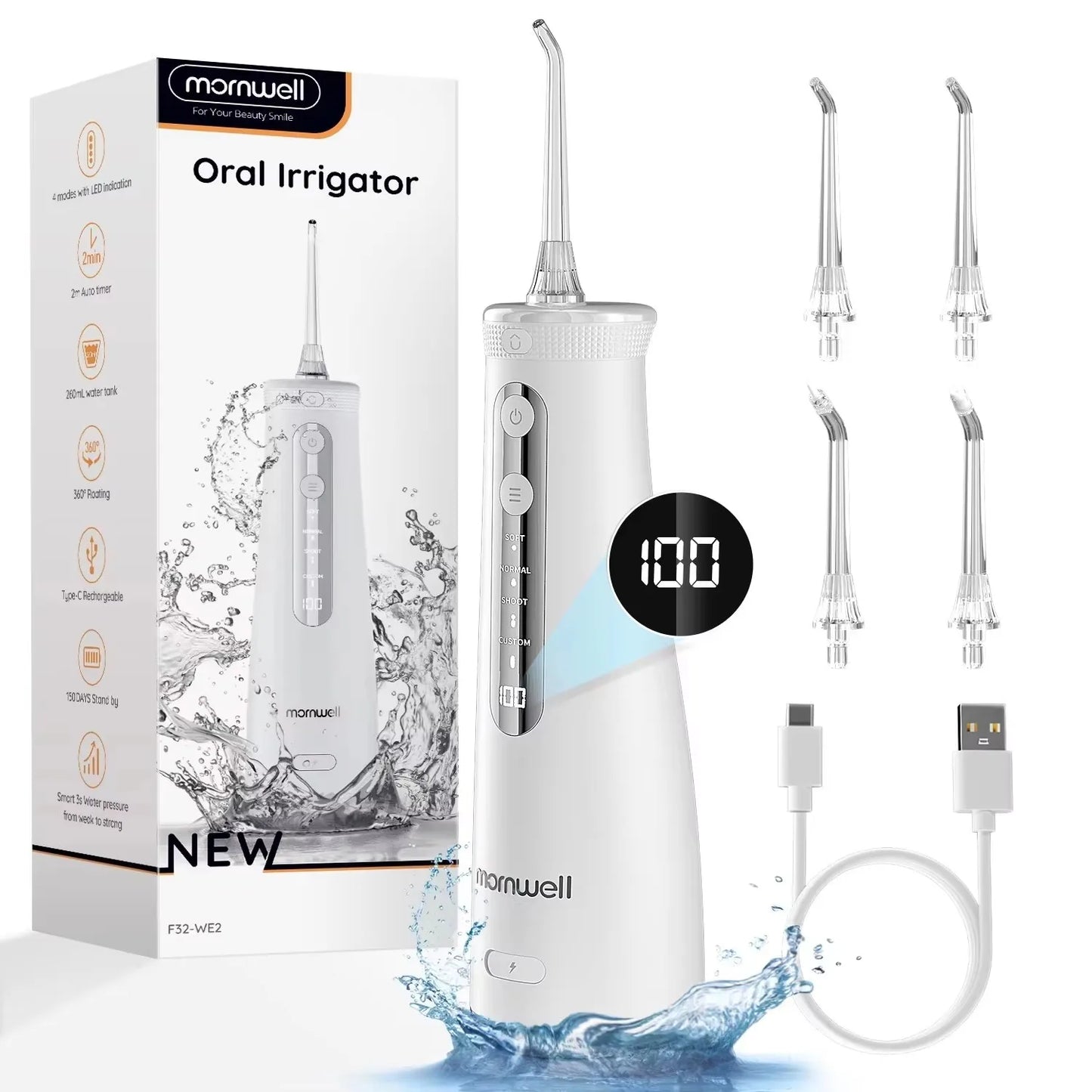 Cordless Water Flosser With 4 Jet Tips 4 Modes 260ML Portable Rechargeable Oral Water Floss IPX7 Waterproof for Gums Care