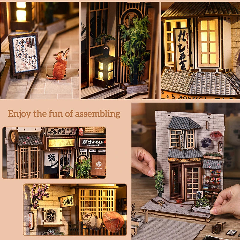 Zuuton DIY Wooden Book Nook Shelf Insert Kit Japanese Alley Miniature Model with LED Light 3D Puzzle Bookend Creative Gift Home