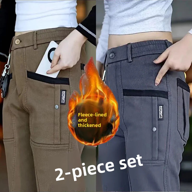 Men's Workwear Pants Elastic Waist Multi-Pocket Straight Leg Autumn Winter Durable Polyester Fiber Casual Trousers