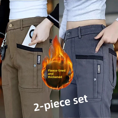 Men's Workwear Pants Elastic Waist Multi-Pocket Straight Leg Autumn Winter Durable Polyester Fiber Casual Trousers