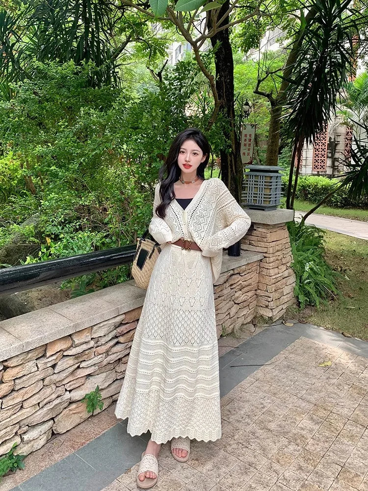 Kumikumi Lazy Style Hollow out Knitted Cardigan Jacket Women's High Waist  Skirt Fashion Set Spring 2025 Acrylic Fabric