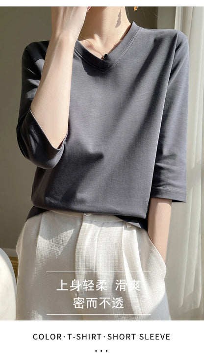 Spring And Summer New White Mercerized Cotton Cropped Sleeve T-shirt Feminine Joker 100% Cotton Bottoming Shirt Half Sleeve
