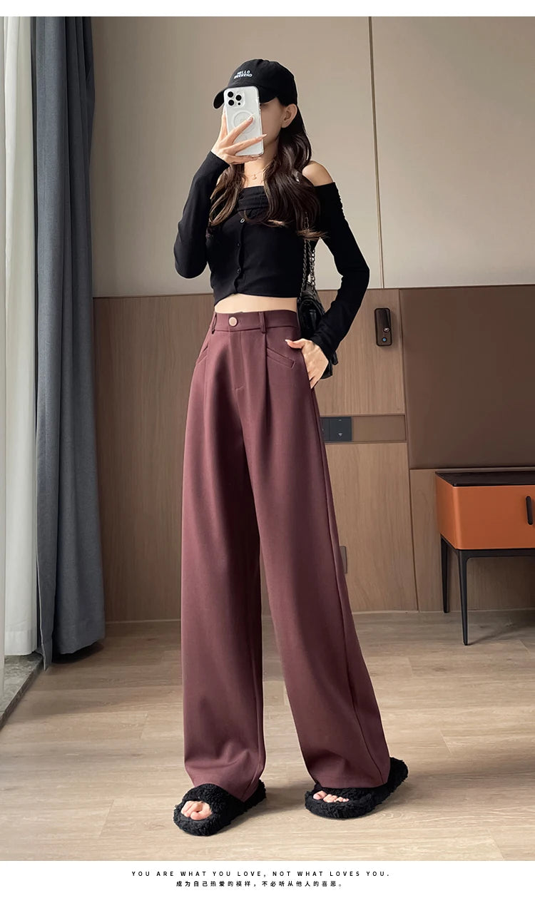Seoulish Autumn Elegant Women's Wide Leg Pants 2024 New Korean Solid Button Casual Loose Office Full Length Trousers Female