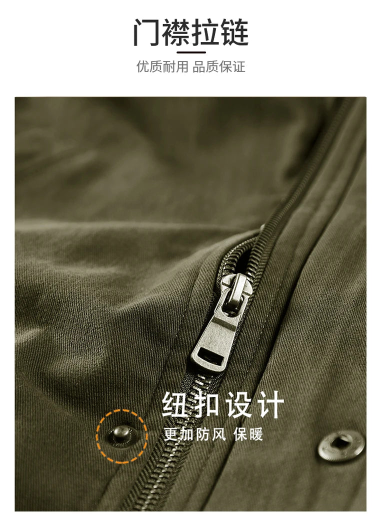 Winter Men Pilot Jacket Fleece Spring Military Full-Zip Removable Hooded Cotton Flight Parka Jacket Fleece Lined Plush Warm Coat