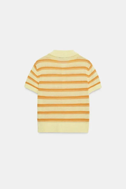 Summer New Women's Casual Style Button Decorated Striped Short Sleeve  Neck Knitted Sweater Loose Fit Classic Pattern Pol...
