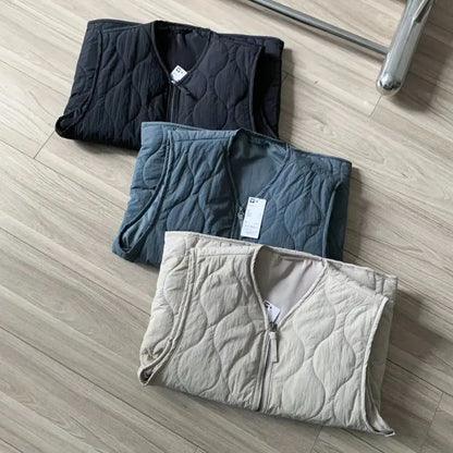 Waterproof Hemp Cotton Vest Gourd Shaped Quilted Men's Warm Thin Cotton Vest Couple's Winter Fashion Standard Fit V-Neck Zipper