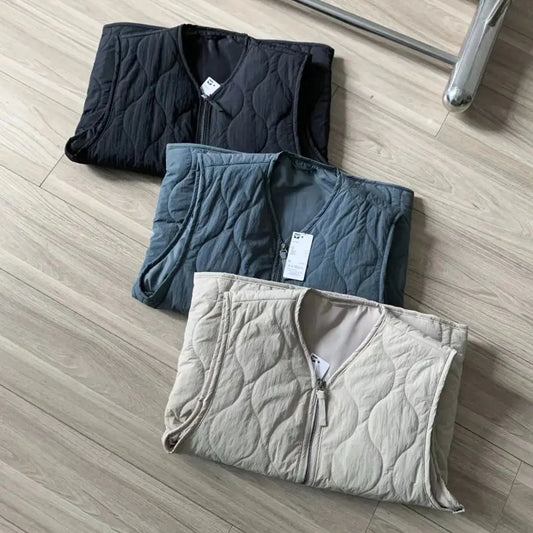 Waterproof Hemp Cotton Vest Gourd Shaped Quilted Men's Warm Thin Cotton Vest Couple's Winter Fashion Standard Fit V-Neck Zipper