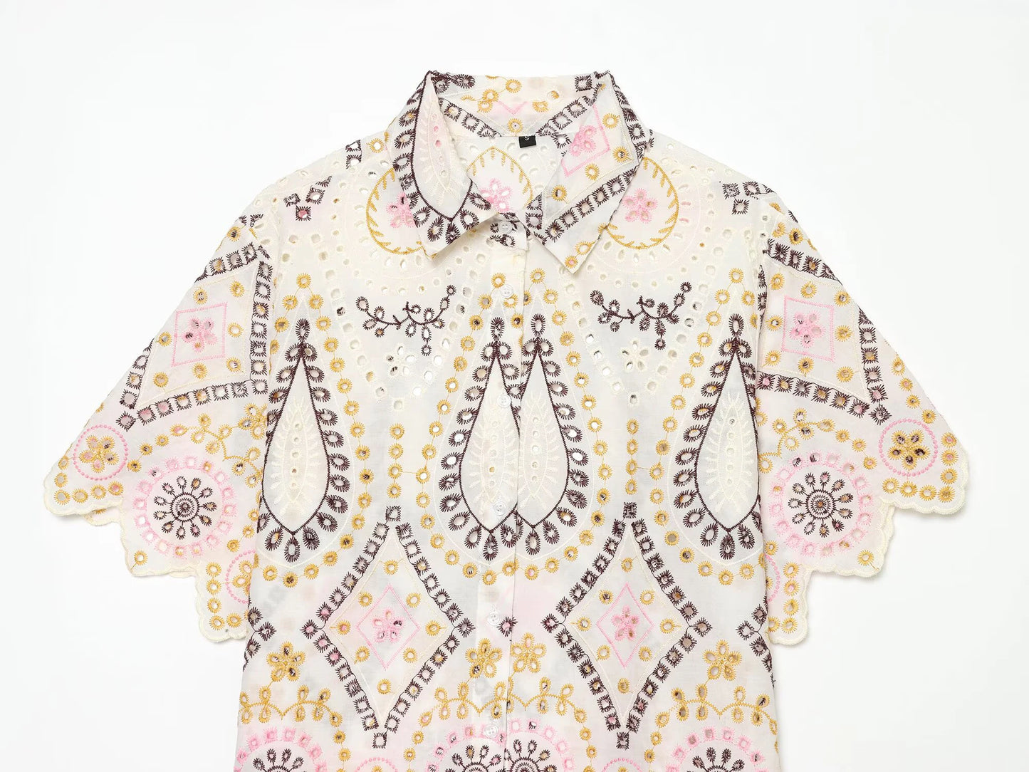 European and American 2026 summer new women's casual simple lapel short sleeved hollow embroidery short shirt