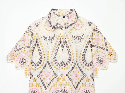 European and American 2026 summer new women's casual simple lapel short sleeved hollow embroidery short shirt