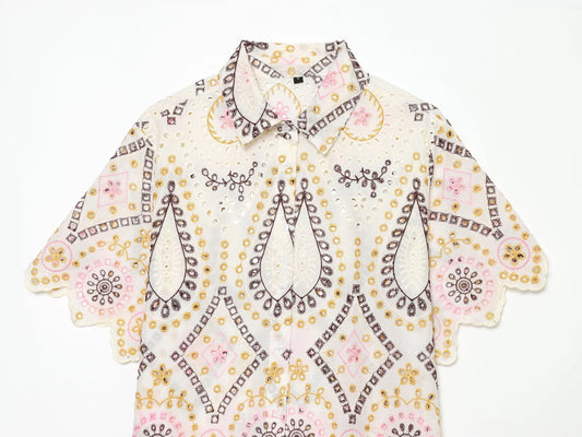 European and American 2026 summer new women's casual simple lapel short sleeved hollow embroidery short shirt