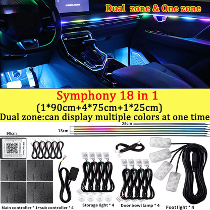 10/14/18/22 in 1 Dual Zone Hidden Acrylic RGB 64/213 Color Symphony Streamer Auto Interior Car Ambient Light Kit APP Control 12V
