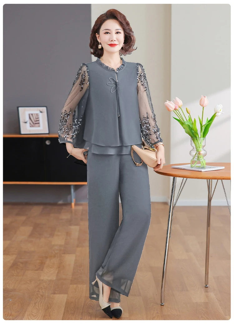 New 2026 Summer Fashionable Thin Two-Piece Set for Older Women Age-Defying Trendy Top And Bottom Ensemble Polyester Fiber