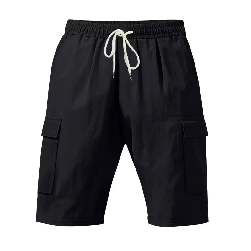 2026 New Summer Casual Cotton and Linen Pocket Solid-Color Shorts, Men's Lace-Up Fashionable and Comfortable Beach Cargo Pants