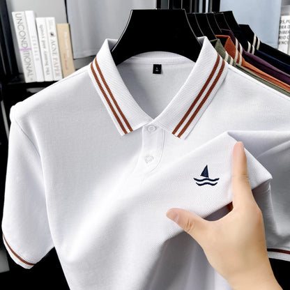 100% Cotton Men's Smart Leisure Polo Shirt Lightweight Comfort Short Sleeve Summer Daily Golf Premium Sailboat Embroidered Tee