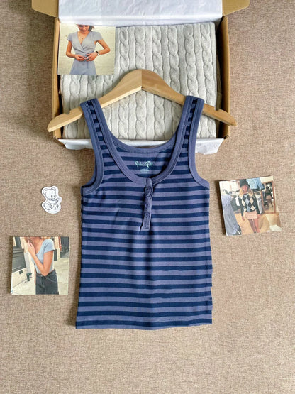 Navy Striped 2 Piece Sets Women Vintage Buttons Cotton Long Sleeve Tee Straight Trousers Home Sweet T-shirt Pant Pajama Set Y2K
