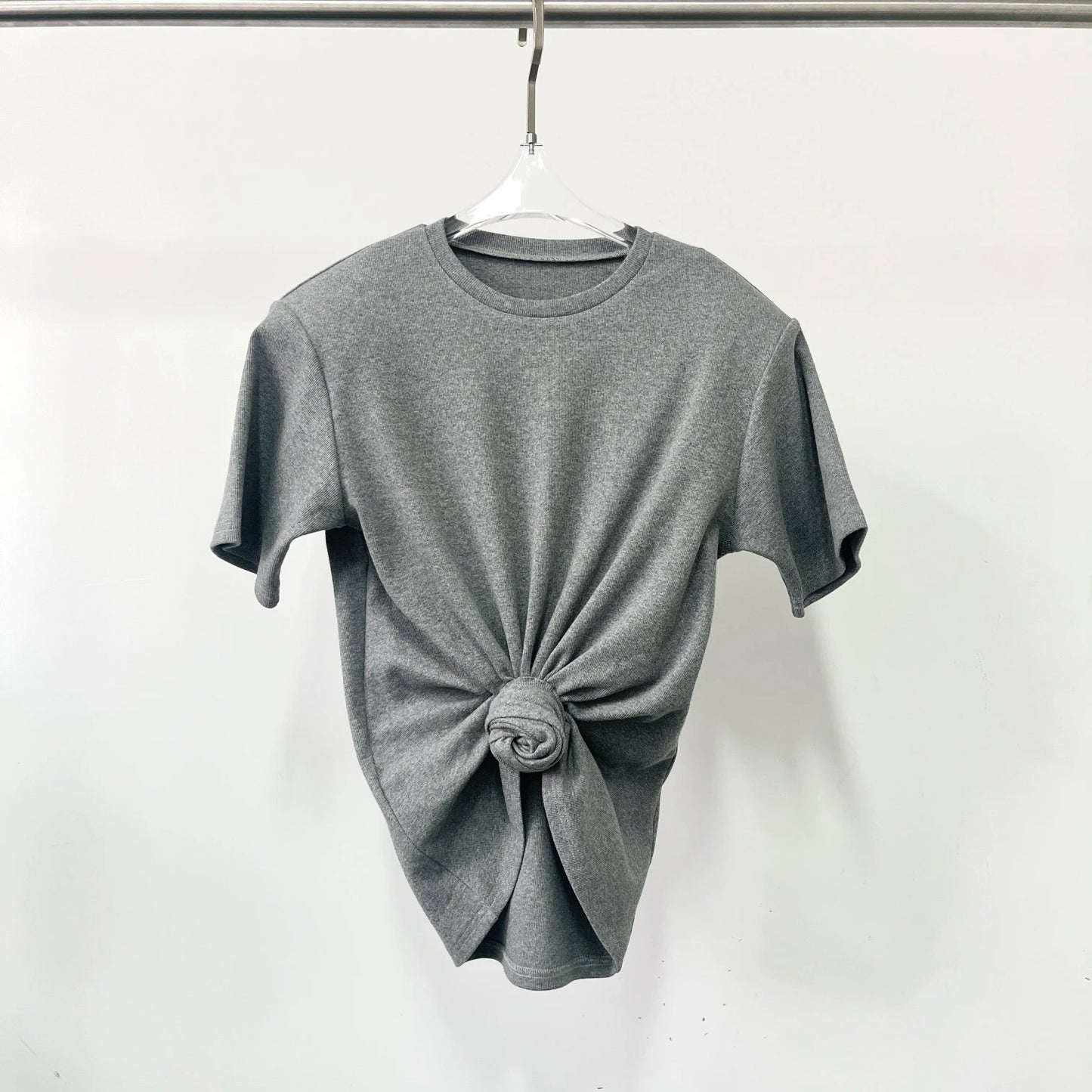 Y2K knotted twist knitted threaded round neck Top women fashionable and versatile navel padded shoulder short-sleeved T-shirt