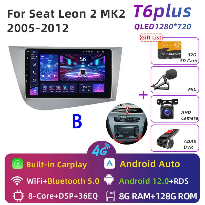 Jundof Car radio For Seat Leon 2 MK2 2005-2012 Carplay Android auto Qualcomm Car stereo Multimedia player 4G Wifi DSP 36EQ RHD