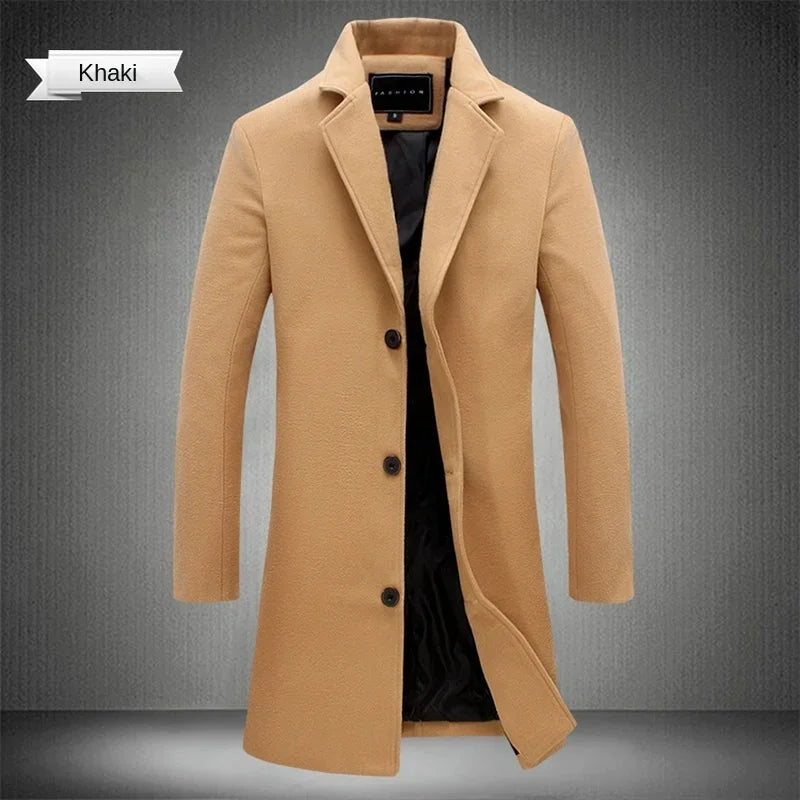 2025Spring Autumn New Long Cotton Coat New Wool Blend Pure Color Casual Business Fashion Men's Clothing Slim Windbreaker Jacket