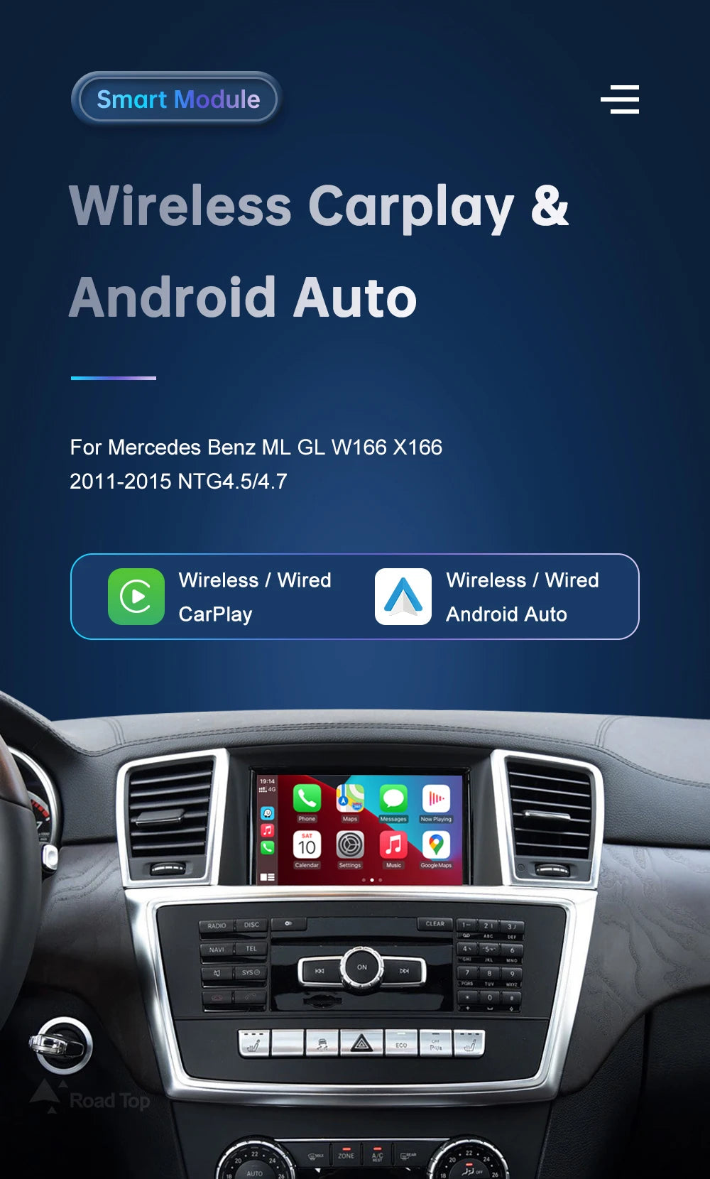 Road Top Wireless CarPlay Android Auto for Mercedes Benz ML GL W166 X166 2012-2015, with Mirror Link AirPlay Car Play Functions