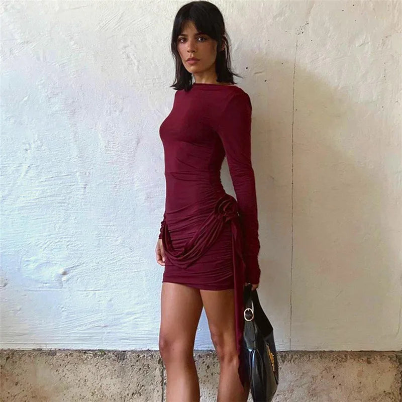 Tossy Floral Fashion Pleated Mini Dress For Women Slim High Waist Solid Casual Autumn 2024 Sexy Dress Female Bodycon Dress New
