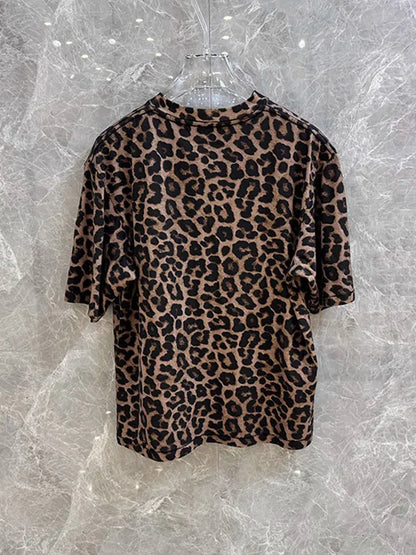 High-End Women's Retro Leopard Print round Neck Loose Short Sleeve T-Shirt 2025 New Style Commute Style Casual Inner Wear