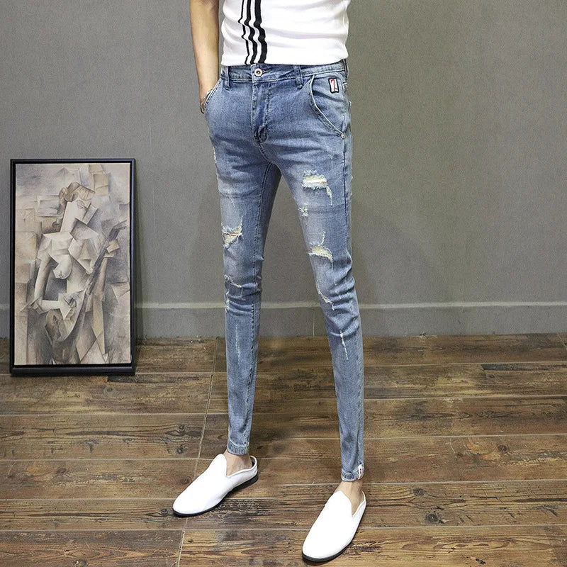 Light-colored Distressed Denim Cropped Trousers For Men Personality Slant Pocket Design, Embroidered Slim-fit Pencil Trousers