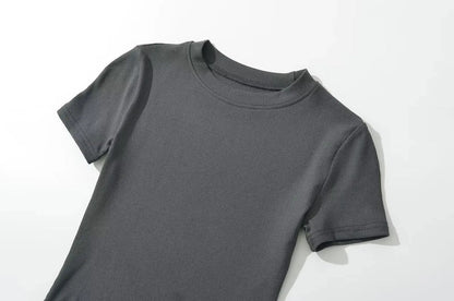 Summer Short Sleeve O-neck Knitted Bodysuits Women Stretchable Slim Basic Solid Color Tops