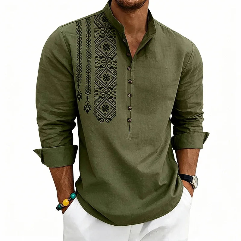 Spring and summer long-sleeved loose ethnic style linen printing breathable stand-up collar breasted long-sleeved shirt men
