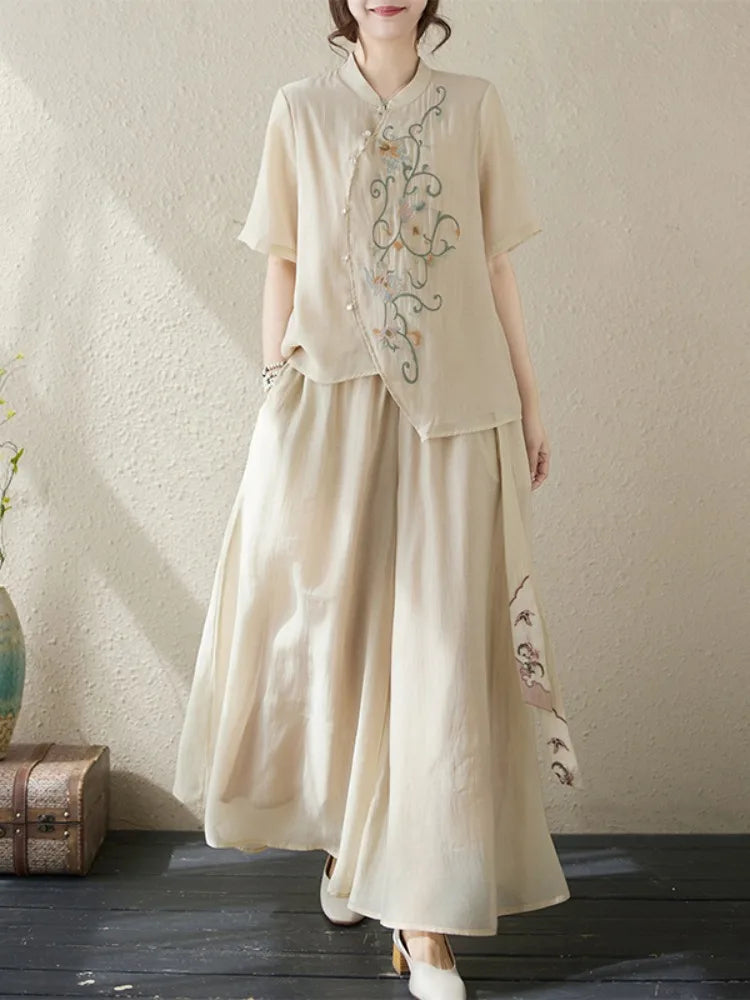 New National Style Heavy Embroidery  Set Women Summer Loose plus Size Fringed Wide Leg Pants Skirt Slimming Two Piece Set