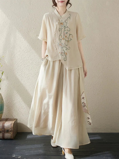 New National Style Heavy Embroidery  Set Women Summer Loose plus Size Fringed Wide Leg Pants Skirt Slimming Two Piece Set